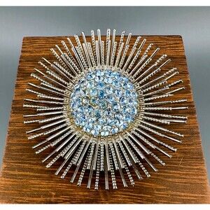 Vintage Rhinestone Brooch Blue Atomic Starburst Silver Tone Galaxy Dimensional